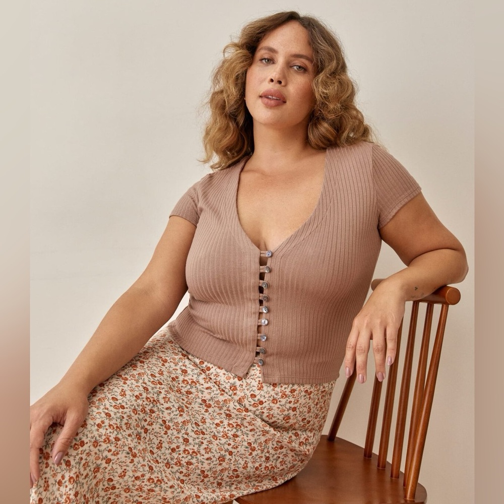 Reformation Nella Knit Short Sleeve Button Top - Tan/Brown - Large